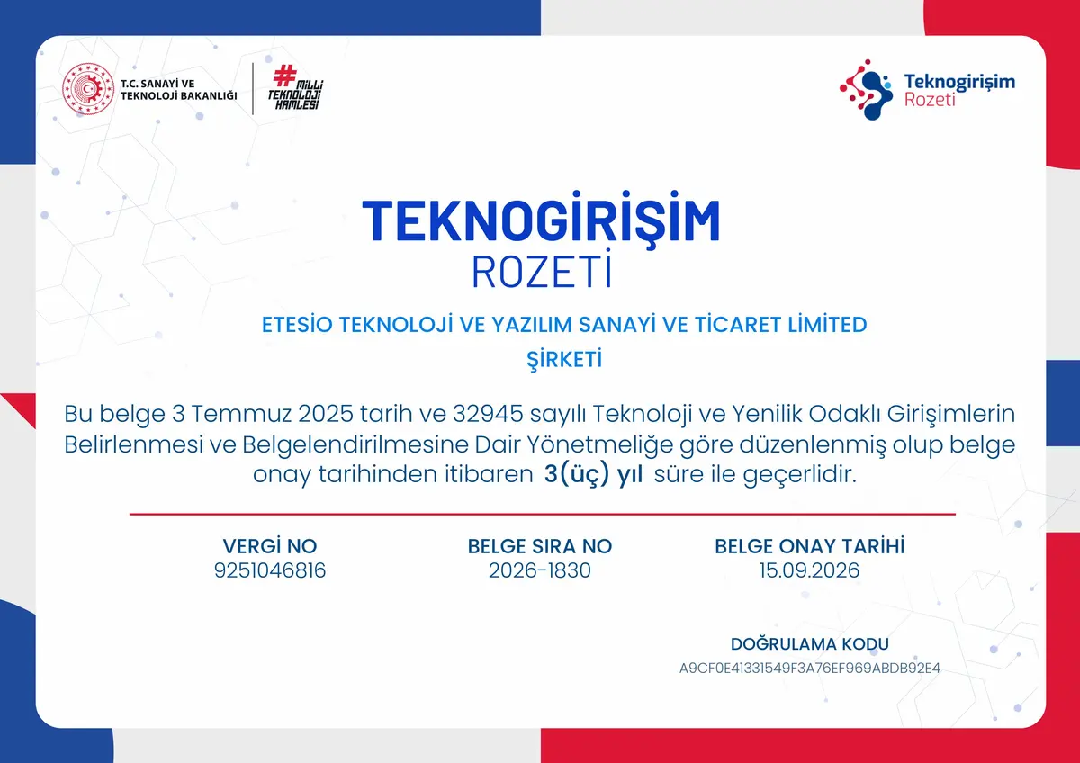 Tekno Girişim  belgesi
